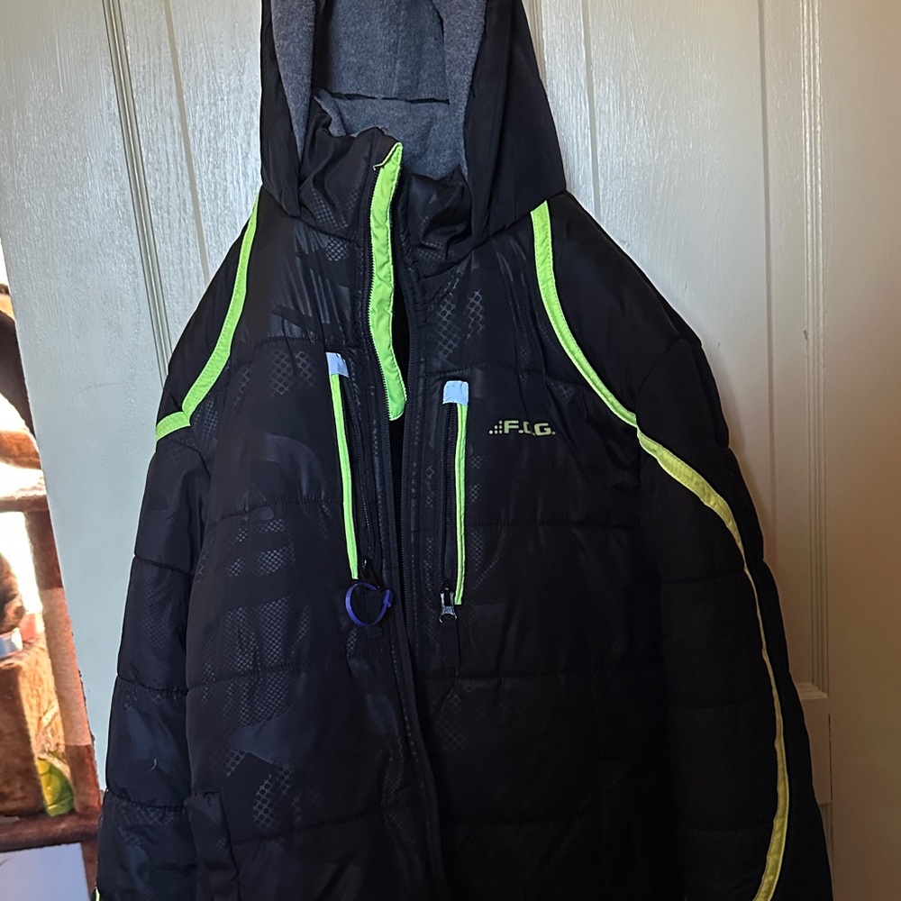 LG Kids Black Puffer Jacket with Neon Green Trim